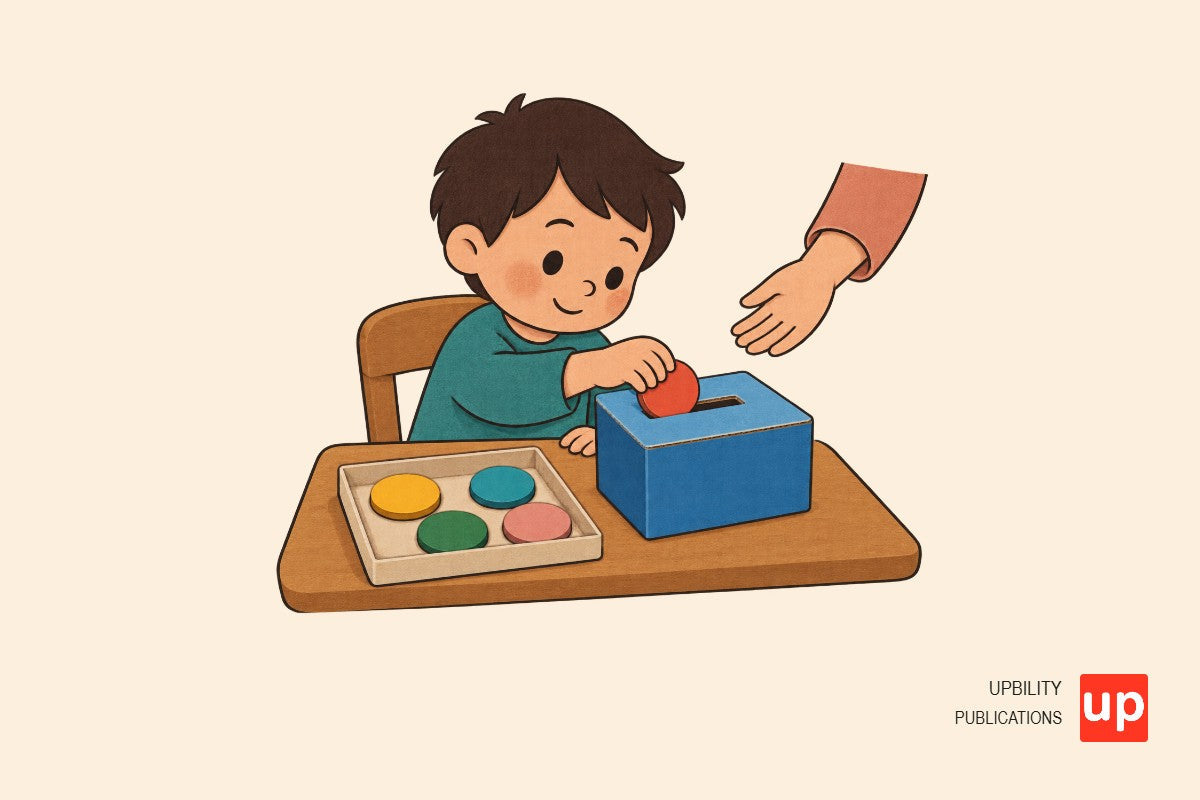 Niño pequeño insertando una pieza grande en una caja de cartón con ranura amplia.