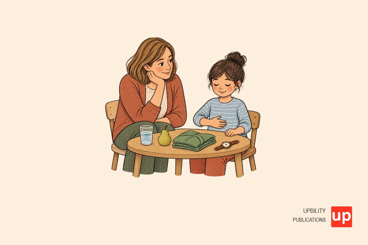 Adulto y niño sentados junto a una mesa con agua, fruta, una chaqueta y un reloj para revisar necesidades corporales.