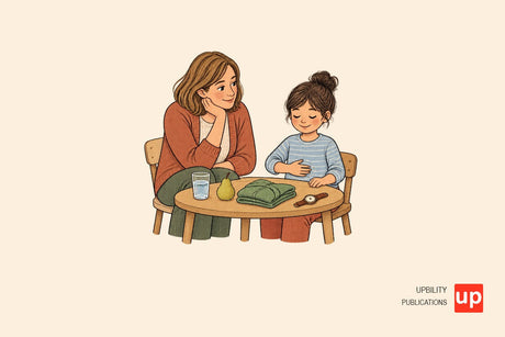 Adulto y niño sentados junto a una mesa con agua, fruta, una chaqueta y un reloj para revisar necesidades corporales.