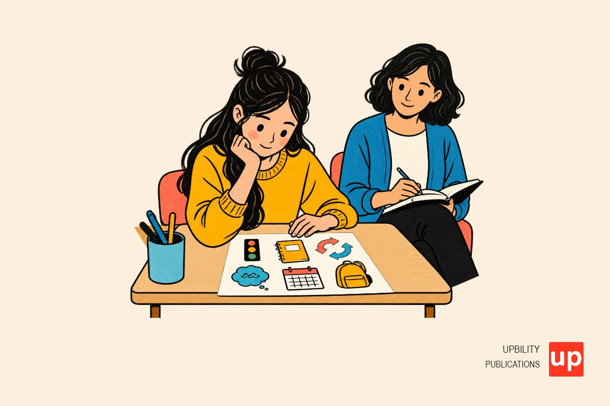Adolescente y persona adulta revisando una hoja de observación con iconos de organización, memoria, regulación y planificación.