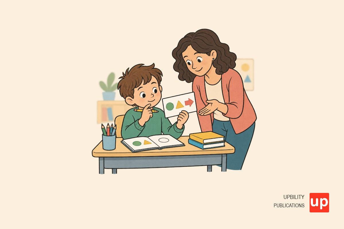 Niño en un aula observando una tarjeta de instrucciones visuales mientras prepara su respuesta.