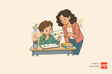 Niño en un aula observando una tarjeta de instrucciones visuales mientras prepara su respuesta.