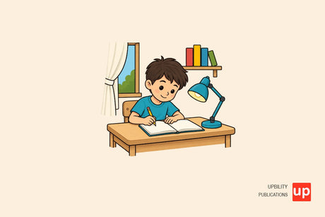 Niño haciendo deberes en una mesa ordenada con luz lateral suave y lámpara de apoyo.