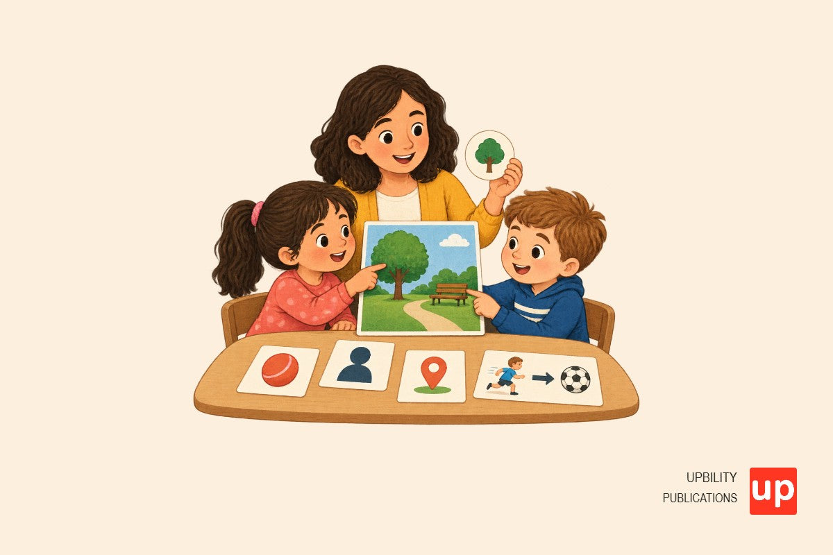 Dos niños observan una fotografía de un parque y señalan tarjetas visuales que representan objeto, persona, lugar y causa.