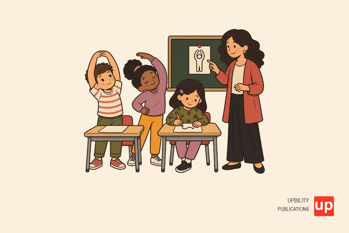 Docente y alumnado de Primaria realizan una breve rutina de regulación al volver del recreo.