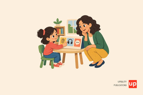Niña de Primaria elige una tarjeta de apoyo visual junto a una docente en el aula.