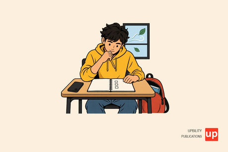 Adolescente sentado ante un escritorio con cuaderno abierto, teléfono apartado y varios estímulos alrededor.