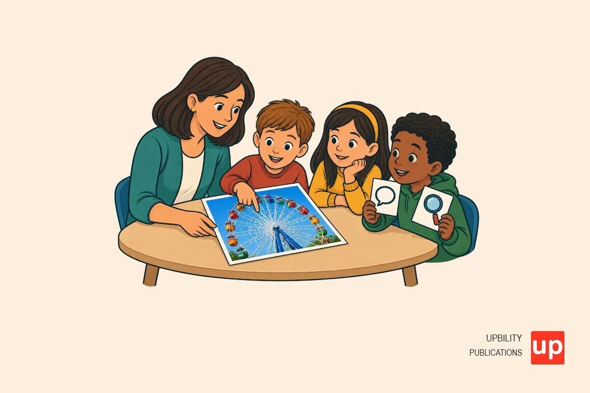 Una docente escucha a varios niños que observan una fotografía de una noria y comparten razones en una mesa de aula.