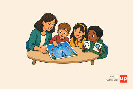 Una docente escucha a varios niños que observan una fotografía de una noria y comparten razones en una mesa de aula.