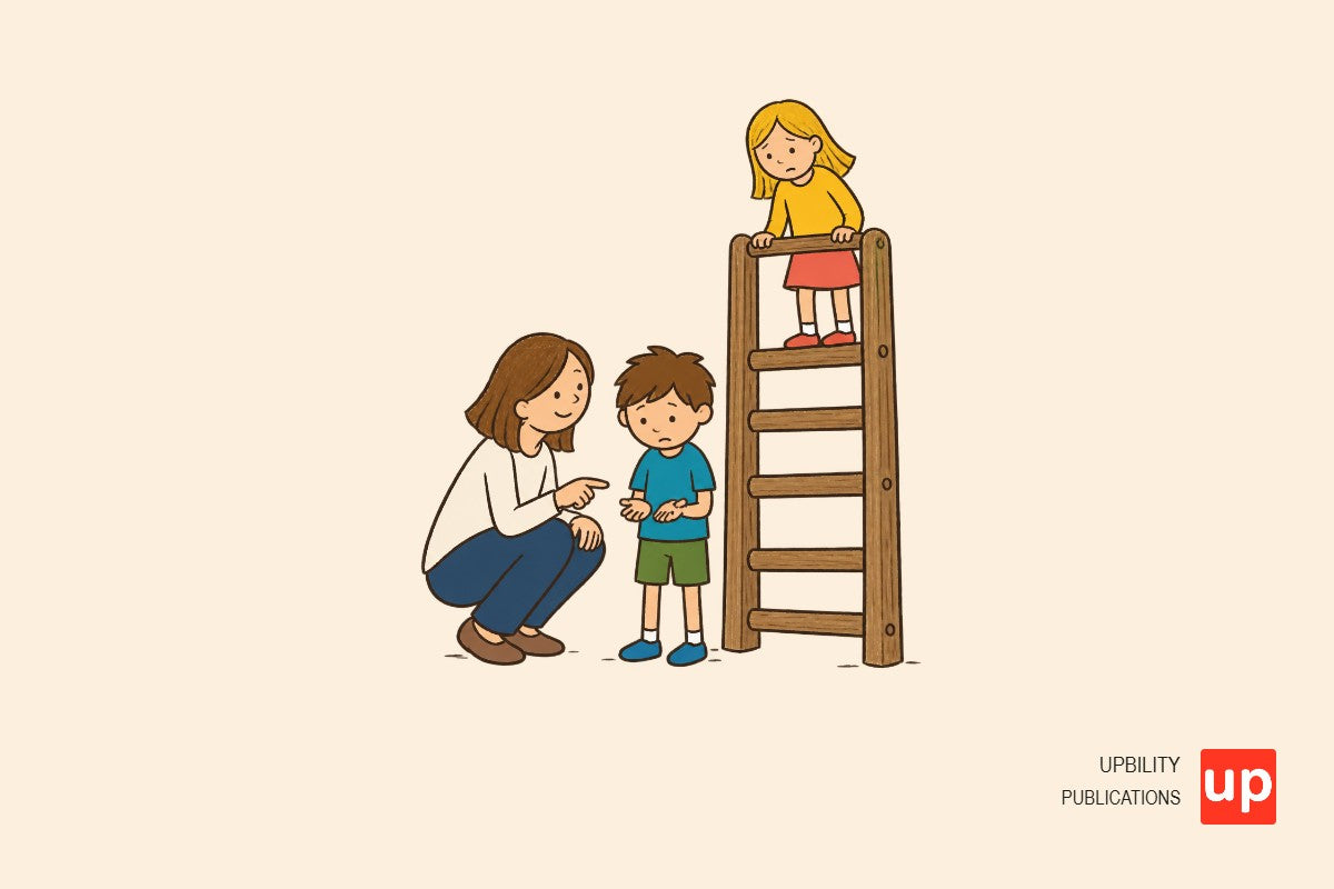Dos niños junto a una estructura de escalada mientras un adulto acompaña al niño que observa desde abajo.