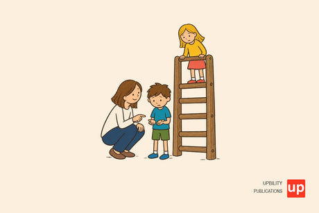 Dos niños junto a una estructura de escalada mientras un adulto acompaña al niño que observa desde abajo.