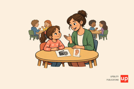 Una niña escucha a su maestra en un aula con conversaciones de fondo desenfocadas.