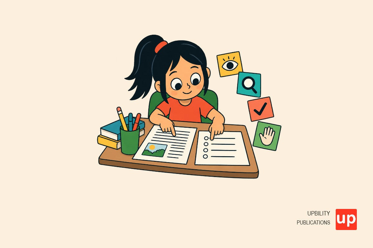 Niña señalando una pregunta y una frase de un texto breve durante una actividad de comprensión lectora.
